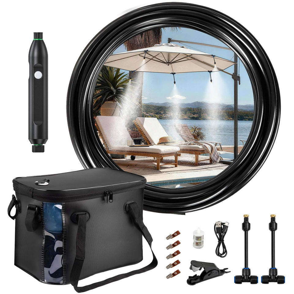 Chtoocy 26ft portable misting system cooling a sunny patio.