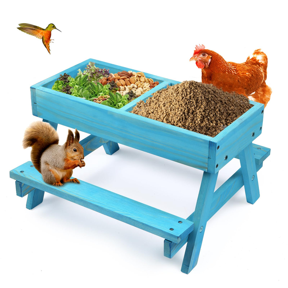 CHTSJQW chicken picnic table blue front view shows sturdy wood and outdoor-ready finish.