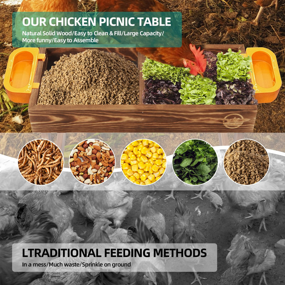 CHTSJQW chicken picnic table top view highlighting sturdy carbonized wood.