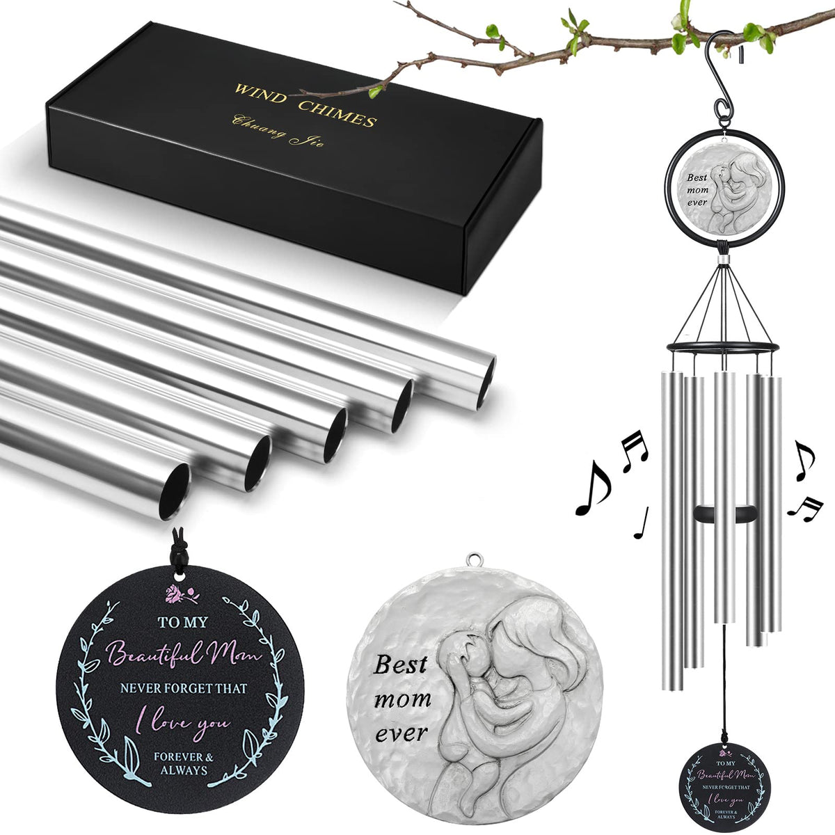 ChuangJie 36-inch wind chimes with five anodized tubes enrich garden ambiance.