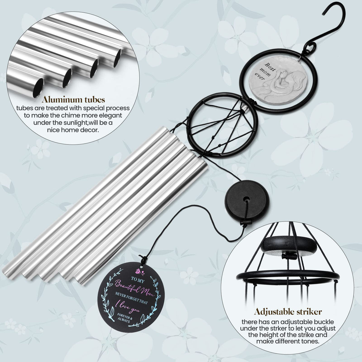 ChuangJie hand-tuned aluminum tubes deliver a low, soothing tone.