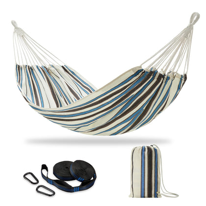 CHULIM Brazilian double hammock blue stripe bed setup for easy backyard lounging