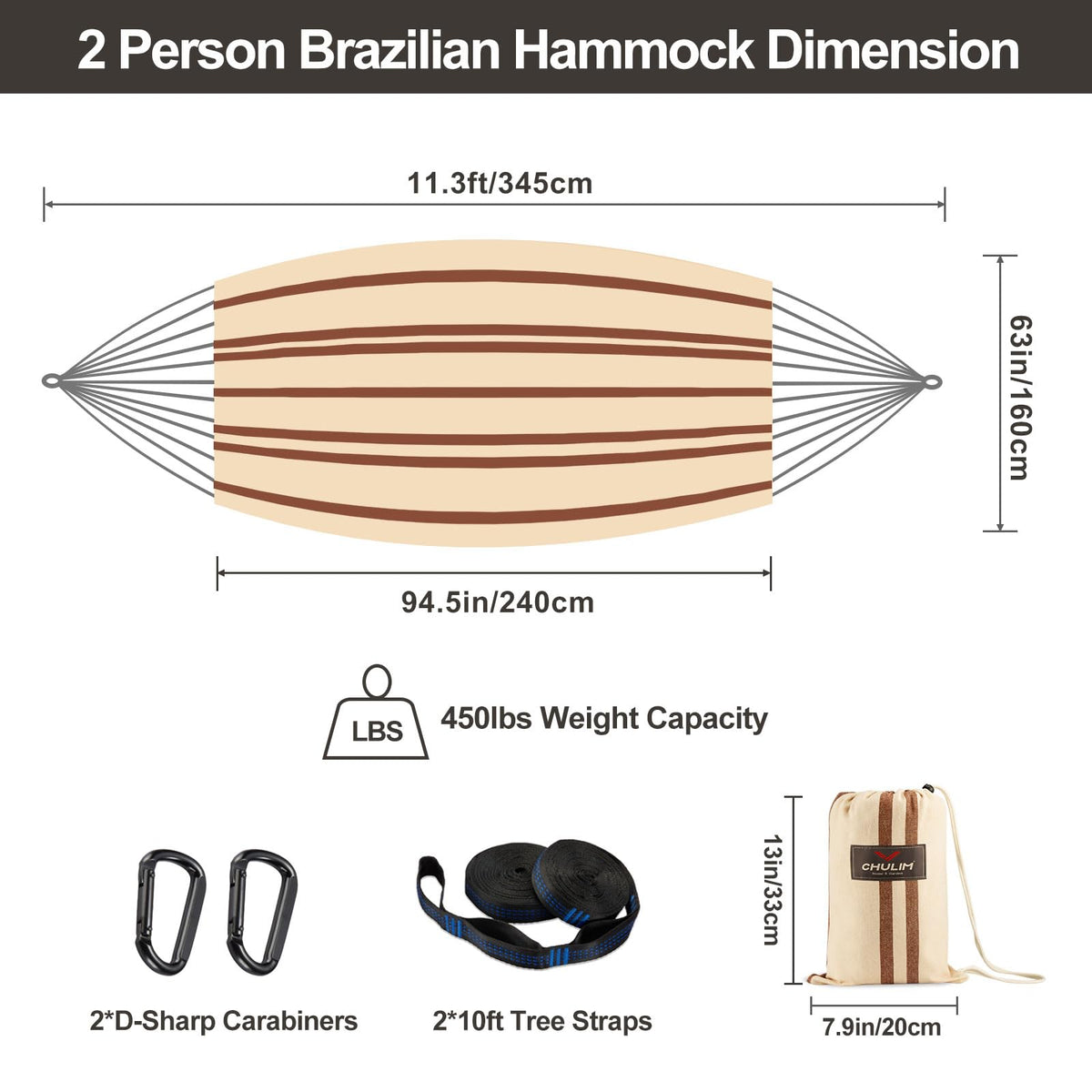 CHULIM large hammock bed measures 240 by 160 cm for two.