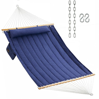 CHULIM double-quilted hammock with dark blue fabric and wooden spreader bars for sturdy outdoor lounging.