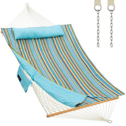 CHULIM outdoor double hammock with hardwood spreader bars in blue stripe, ideal for patio relaxation.