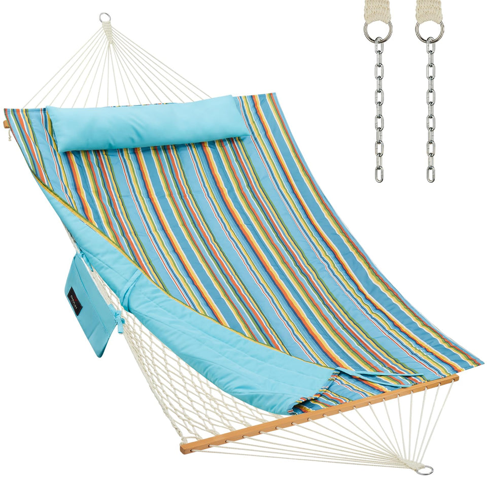 CHULIM outdoor double hammock with hardwood spreader bars in blue stripe, ideal for patio relaxation.