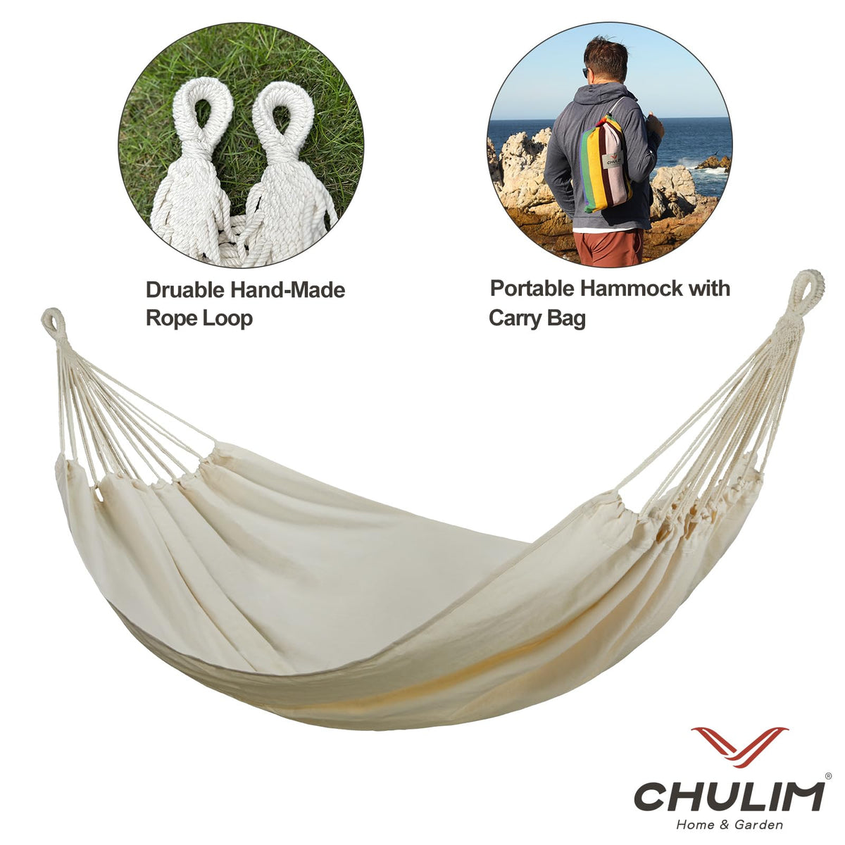 CHULIM hammock supports up to 450 pounds, offering sturdy two-person comfort.