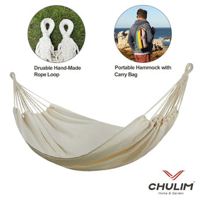 CHULIM hammock supports up to 450 pounds, offering sturdy two-person comfort.