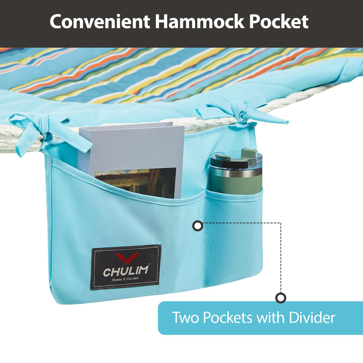 CHULIM weather-resistant polyester pad and pocketed design for convenient item storage.