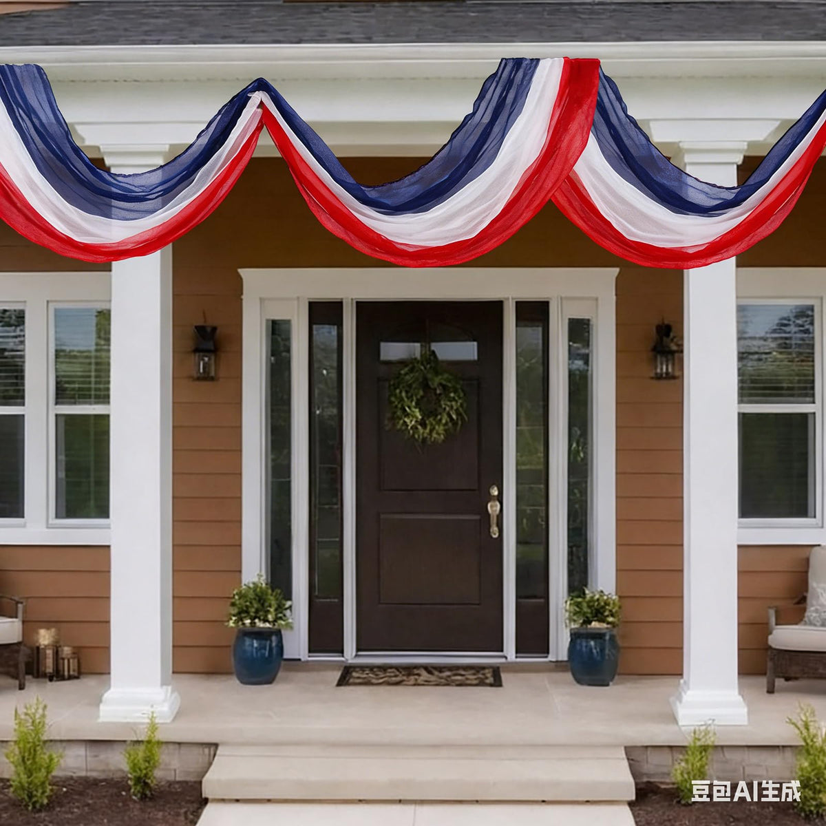 Chumia outdoor banner full-length 6m drapes front door for impact.