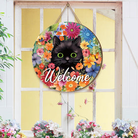 Chunful black cat welcome sign adds charm to doors and entryways.
