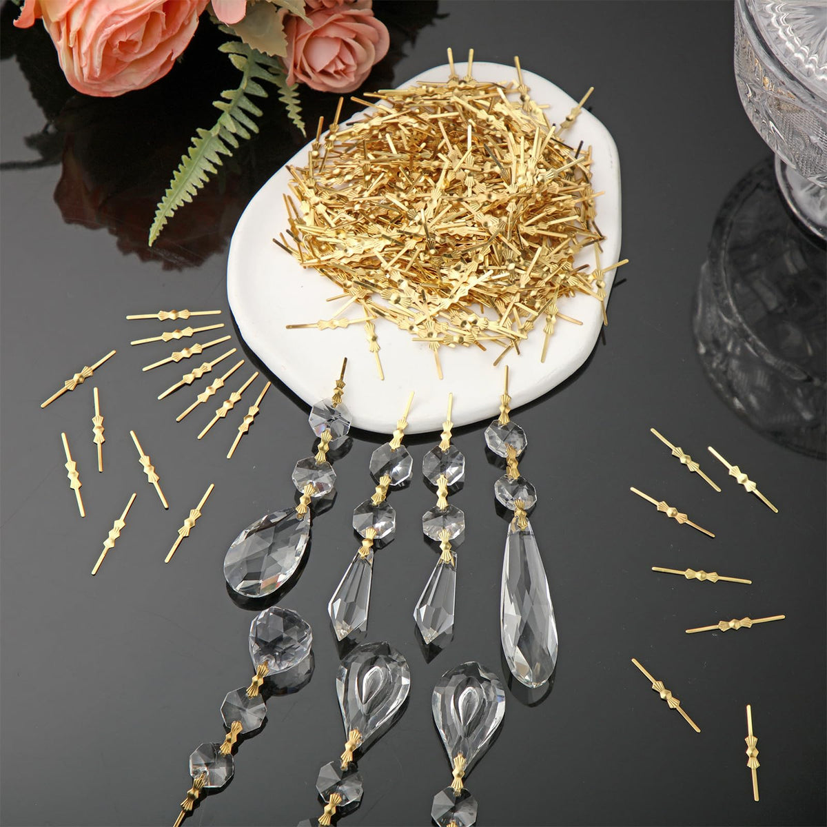 Chunful crystal curtain connector gold enhances crystal strands for elegant lighting.