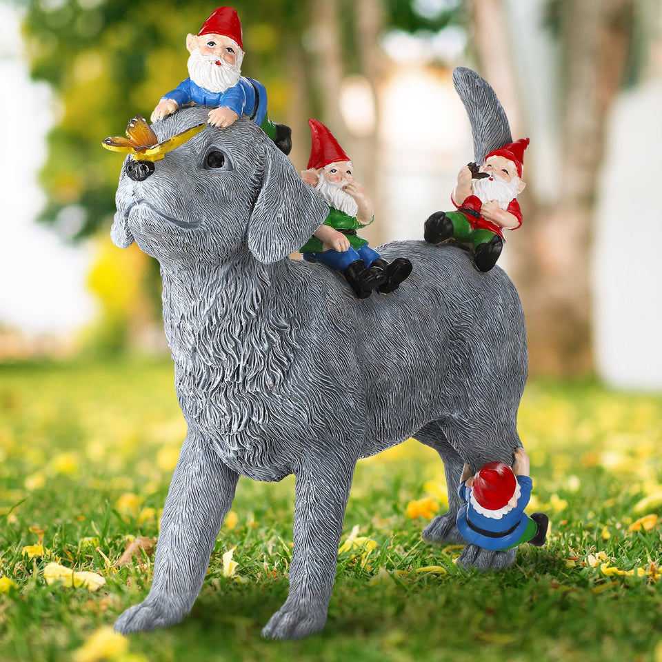Chunful dog and gnome statue with butterfly on the nose adds whimsy to your yard.