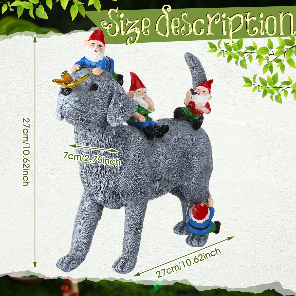 Chunful dog gnome statue on patio provides a vibrant resin accent.