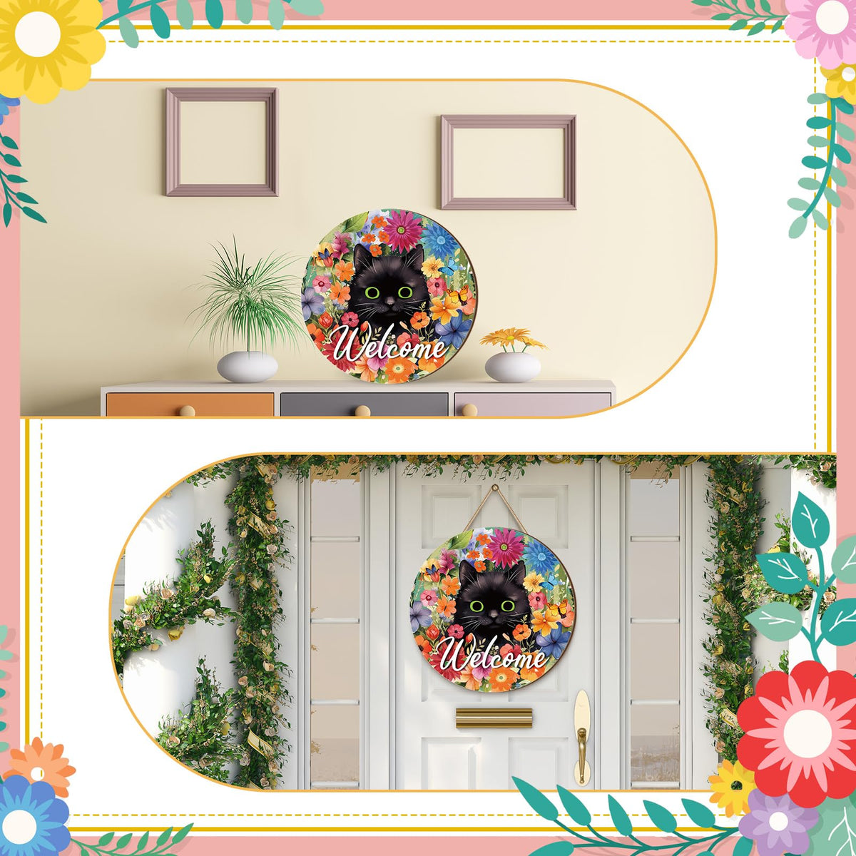 Chunful spring-themed decor enhances curb appeal at entryways.