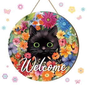 Chunful Welcome Spring sign with daisies and a black cat, perfect for welcoming guests at the entrance.