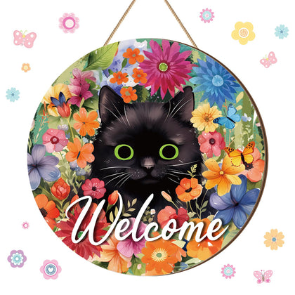Chunful Welcome Spring sign with daisies and a black cat, perfect for welcoming guests at the entrance.