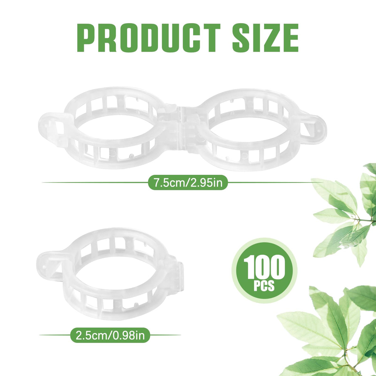 Chyaya 100-pack clips arranged on trellis support for climbing plants.