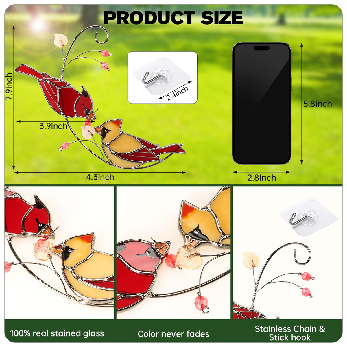 Ciarain Cardinal suncatcher closeup of male and female birds for home decor