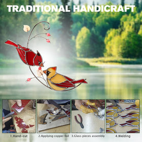 Ciarain Cardinal suncatcher hanging in sunlit stained glass colors