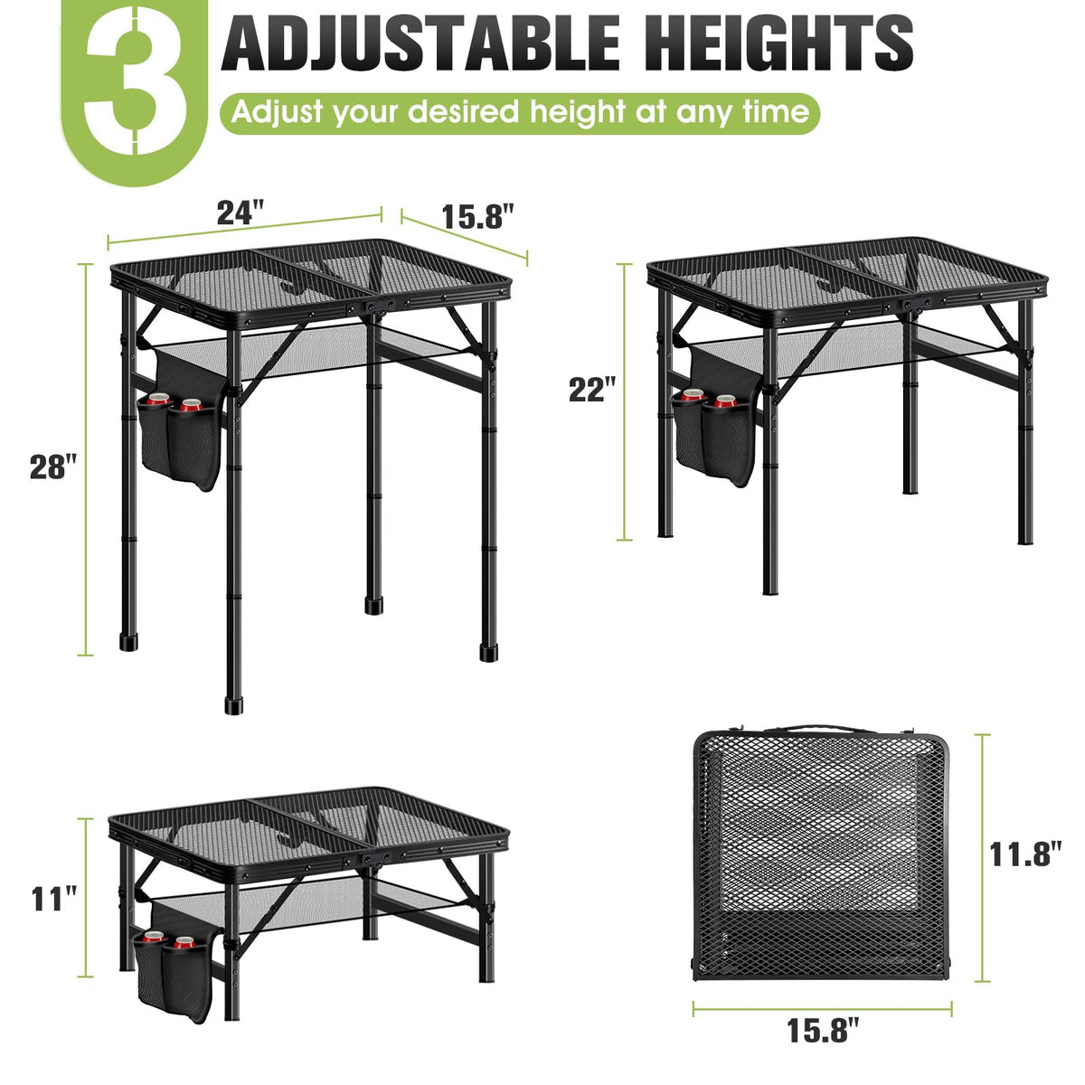Ciavca folding grill table demonstrating 3-height adjustment for versatile cooking positions