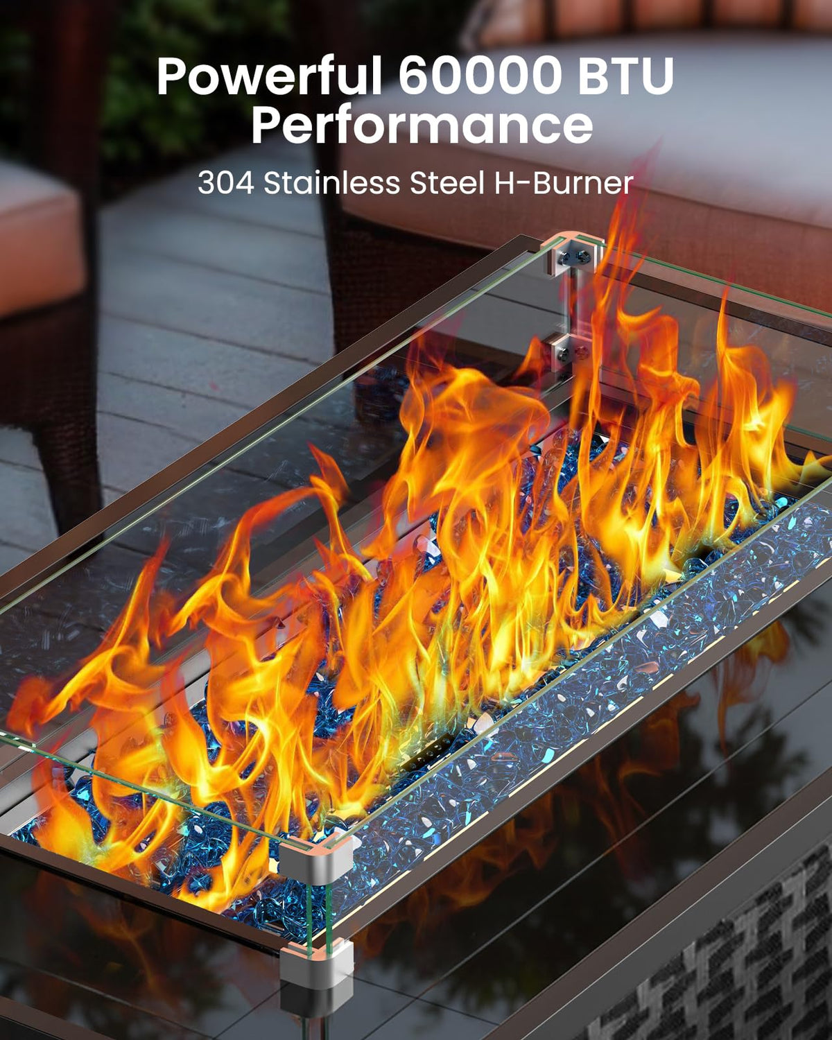 Ciays 43-inch fire pit featuring blue glass beads and dancing flames