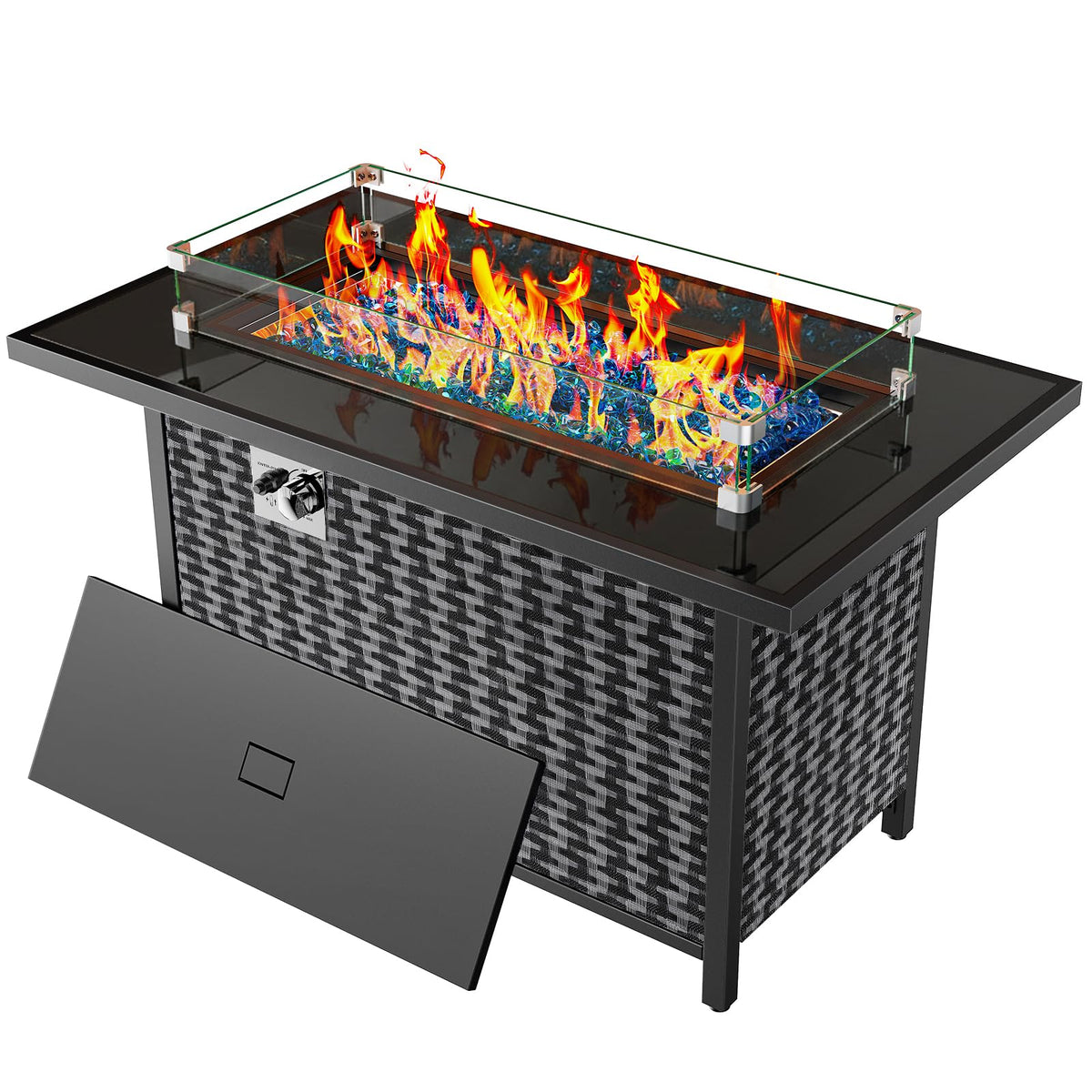 Ciays 43-inch propane fire pit with glass wind guard warms outdoor seating