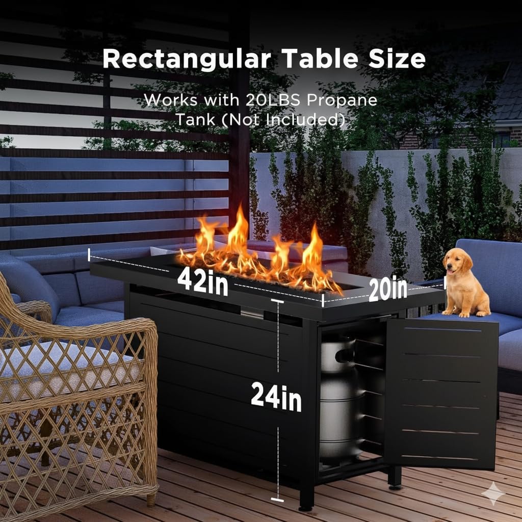 Ciays patio night scene featuring the fire table for cozy conversations.
