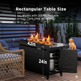 Ciays patio night scene featuring the fire table for cozy conversations.