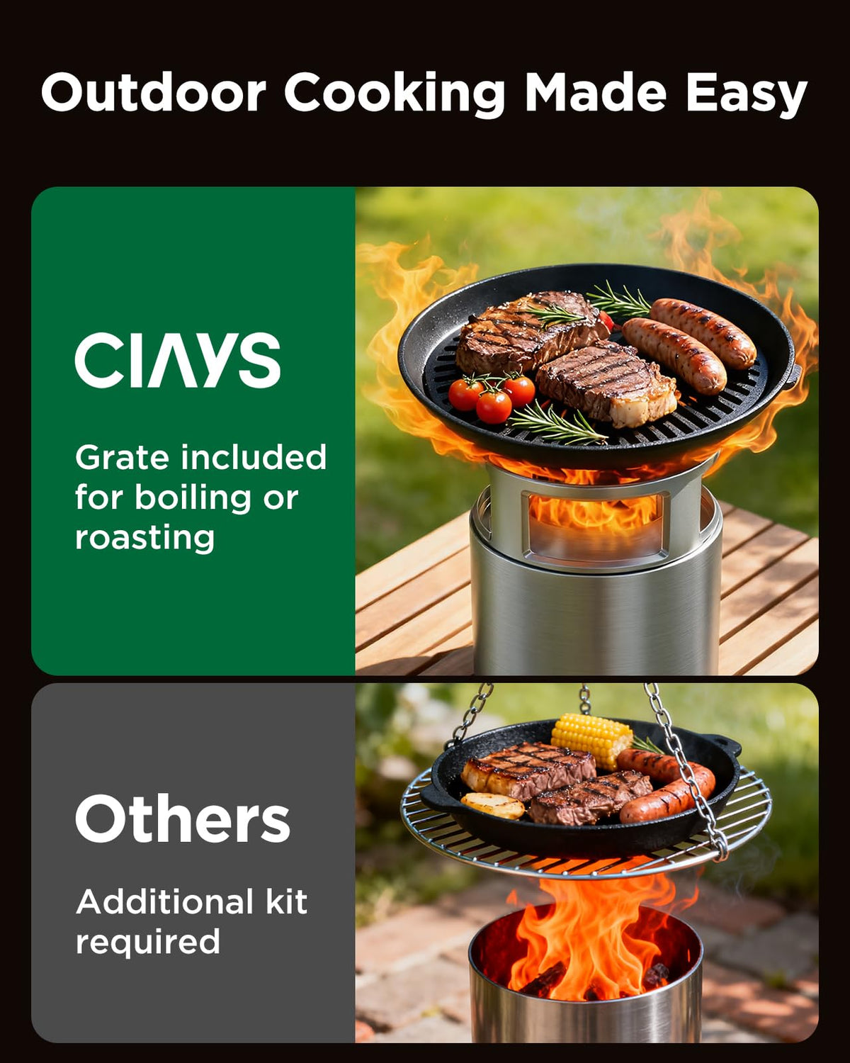Ciays removable grill rack firepit enables boiling water and roasting