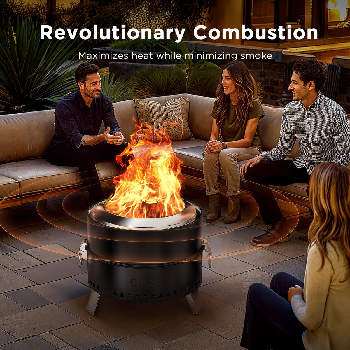 Ciays Smokeless Firepit side view highlighting foldable legs for easy packing