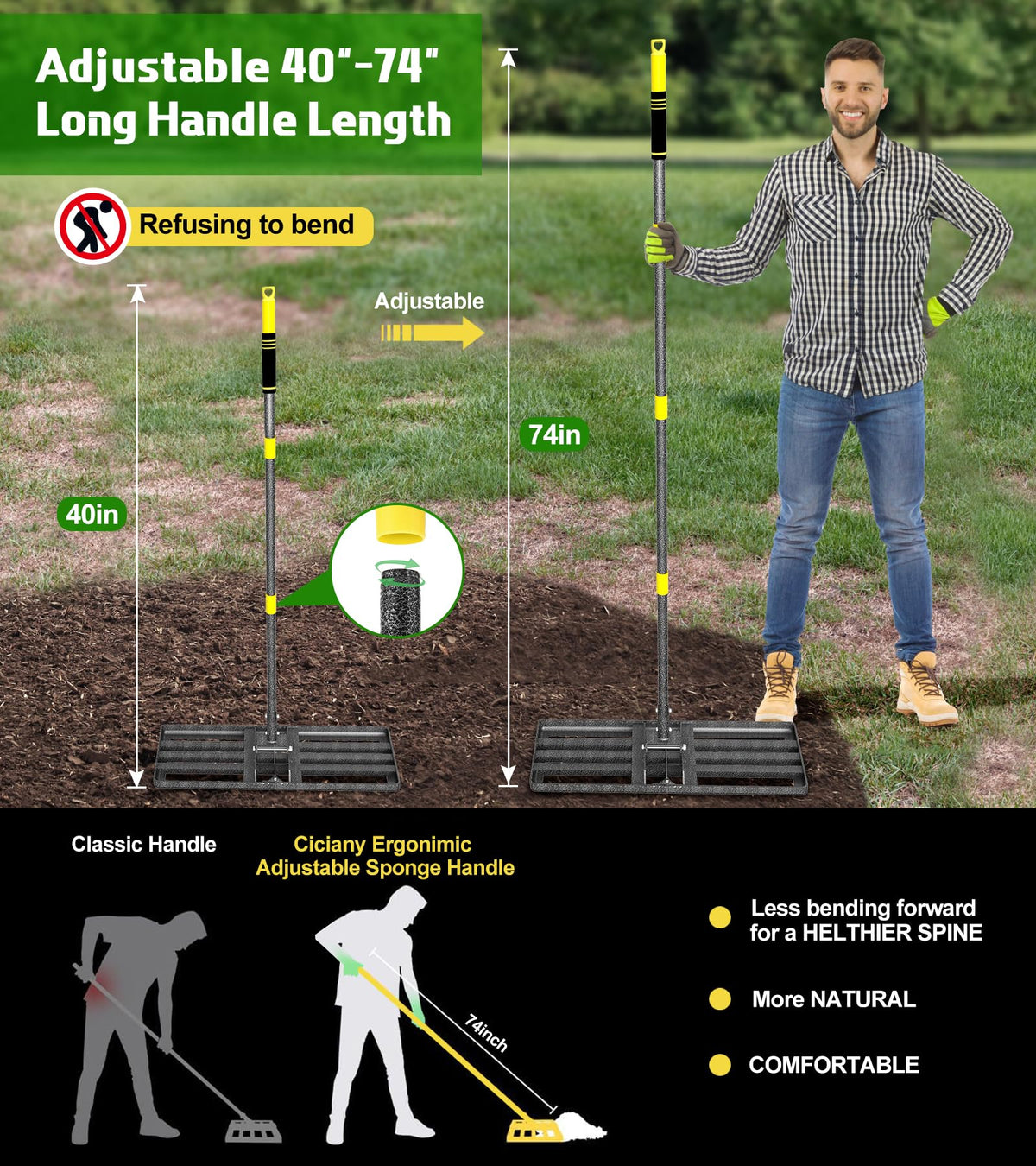 Ciciany stainless steel rake body ensures lasting durability on outdoor projects.