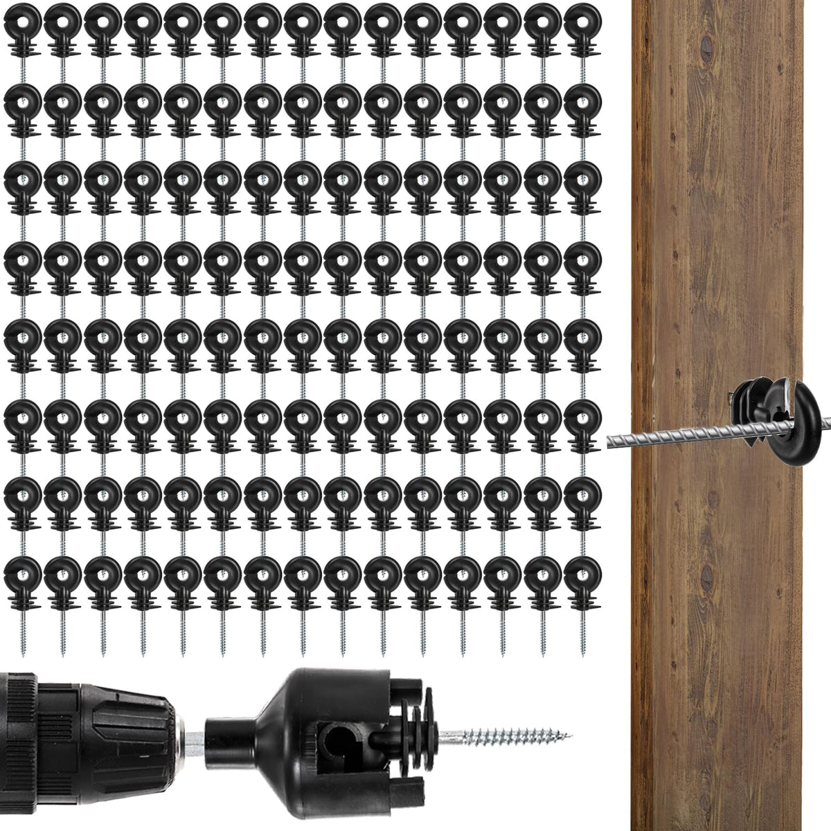 Cididu 120 pack electric fence insulators on a wooden post for durable fencing