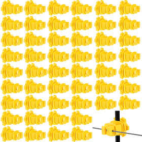 Cididu 50-pack insulators on a wooden post, reliable insulation for livestock fencing.