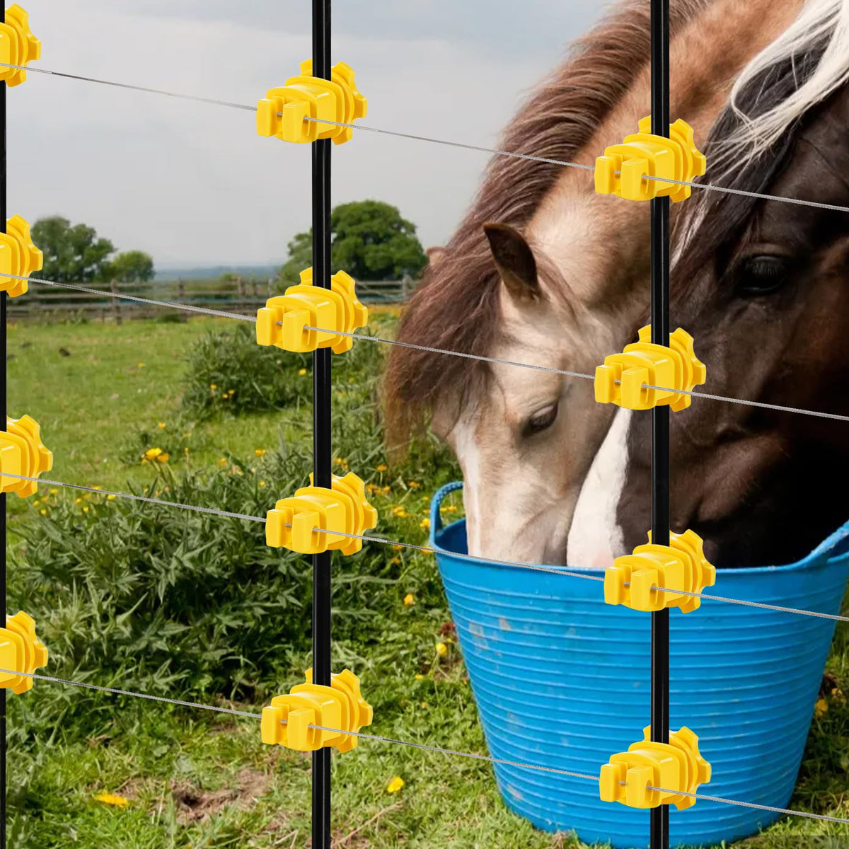 Cididu yellow fence insulators on a fence, high visibility for quick maintenance.