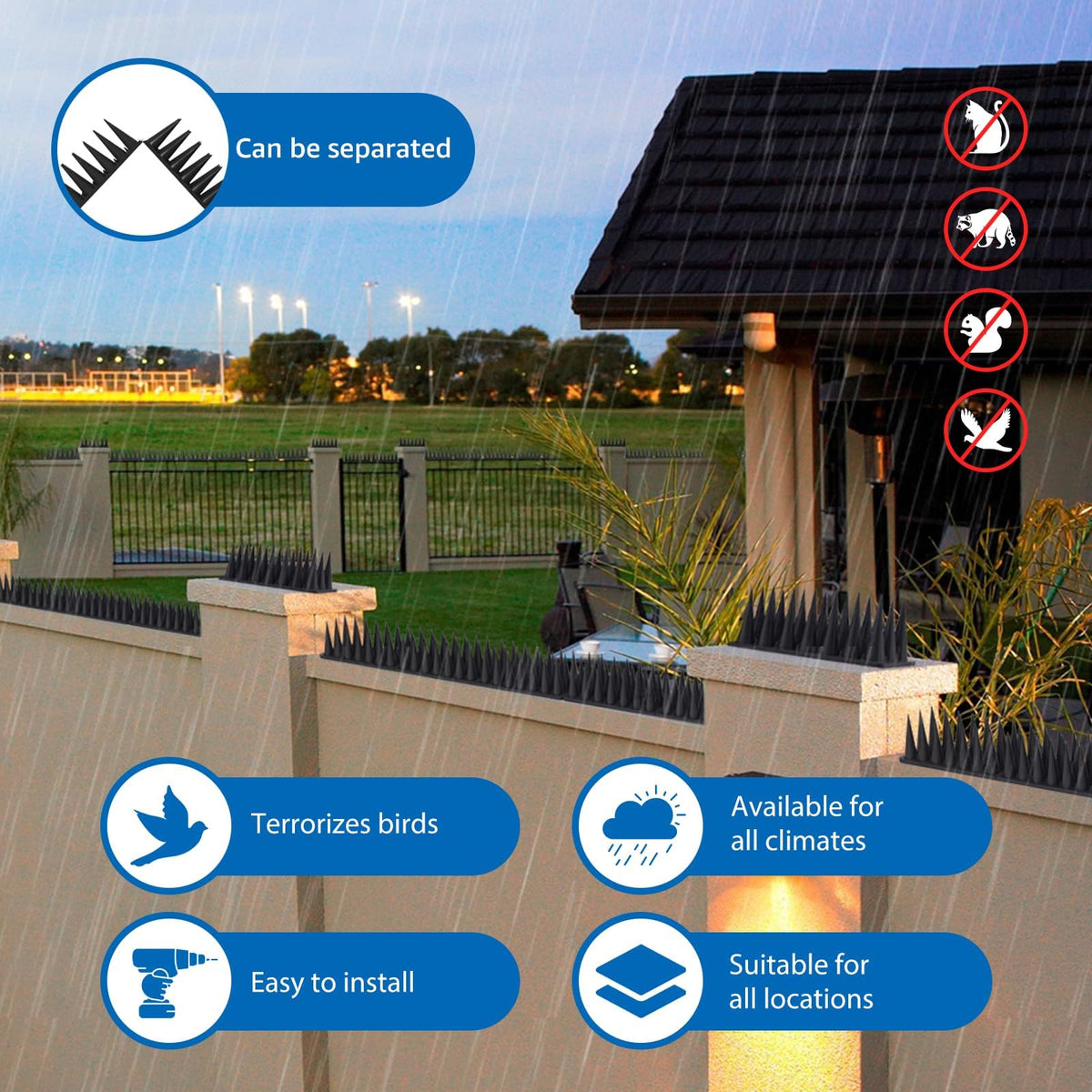 CIIC Bird Spikes divided to fit narrow gaps for flexible placement.