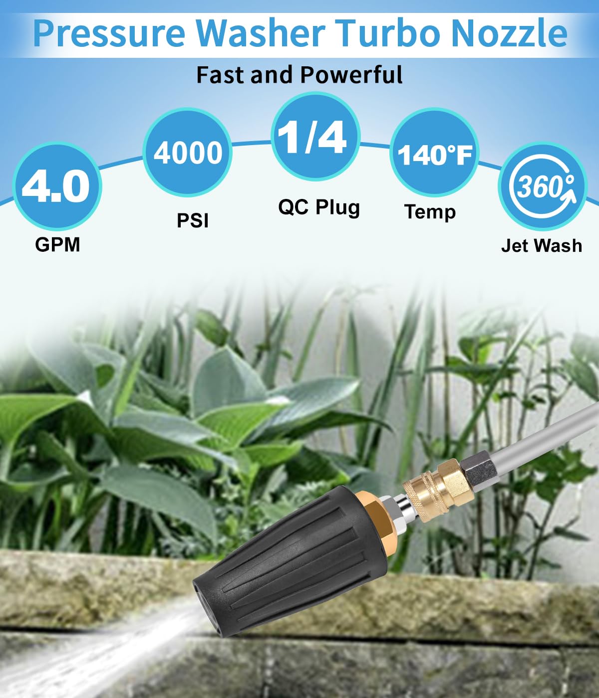 CIMALAB turbo nozzle with 1-4 inch quick connector fits most pressure washers.
