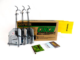 Cinch Gopher Trap small pack side view highlights weather-resistant body for long-term lawn control.