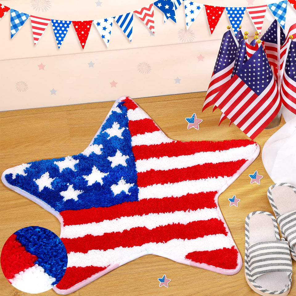Cindeer 4th of July rug with patriotic star design for indoor decor and moisture control.
