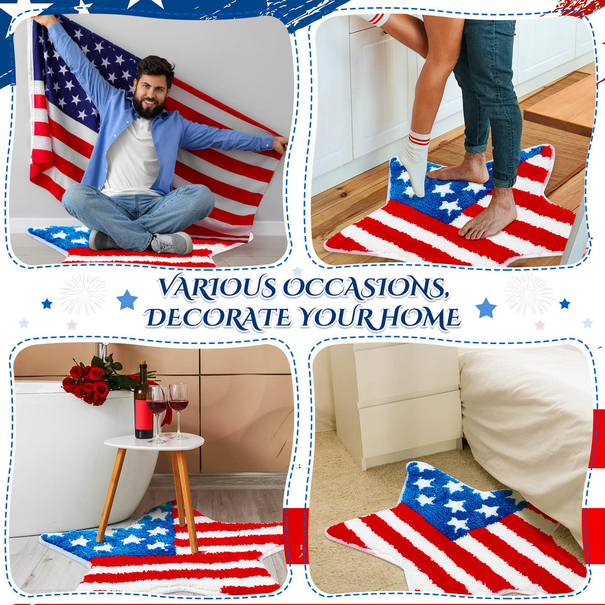 Cindeer star pattern rug provides vibrant decor and quick dry surface.