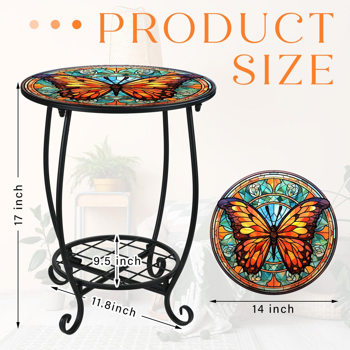 Close-up of Cinnvoice butterfly pattern on round table highlighting iron art