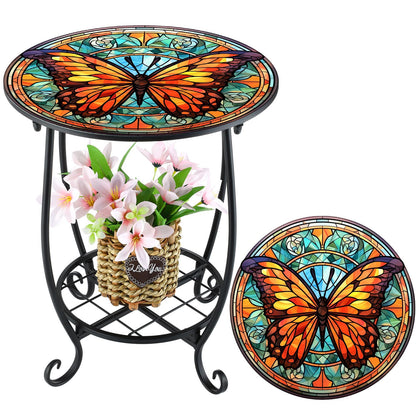 Cinnvoice butterfly style round table with mosaic finish shown in full view for patio use