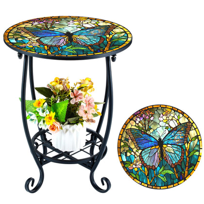 Cinnvoice butterfly-style round table top with mosaic finish, ideal for outdoor drinks.