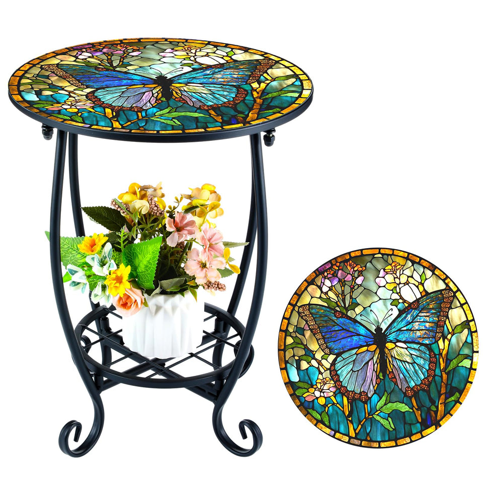 Cinnvoice butterfly-style round table top with mosaic finish, ideal for outdoor drinks.