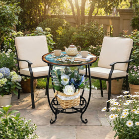 Cinnvoice Daisy Style round side table features anti-rust coating for outdoor durability.