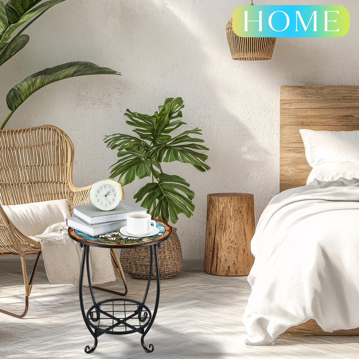 Cinnvoice Daisy Style round side table on outdoor porch adds functional charm.