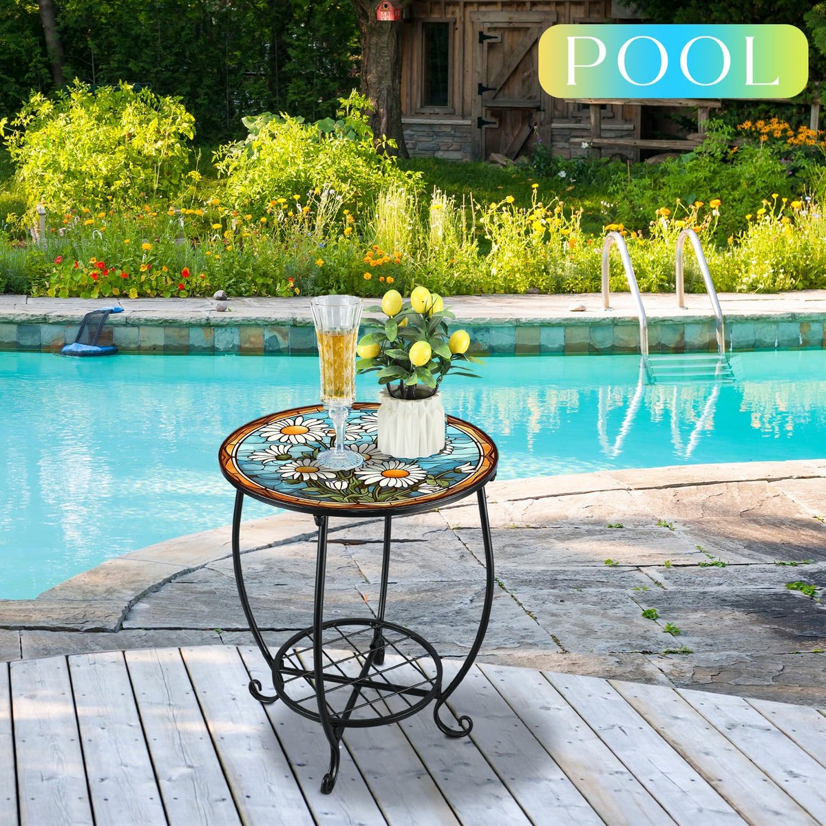 Cinnvoice Daisy Style round side table used as plant display for greenery neatly.