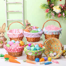 Cinnvoice Easter basket liner in colorful patterns enhances festive display.