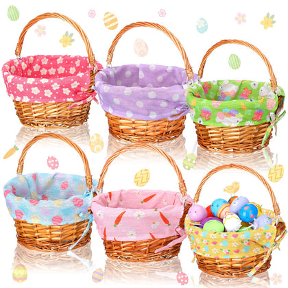 Cinnvoice Easter basket with handle and liner, woven wicker for easy carrying.