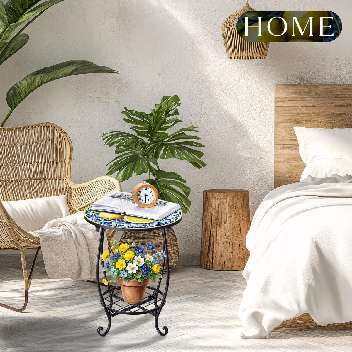 Cinnvoice round patio table adapts as desk, coffee table, or plant stand.